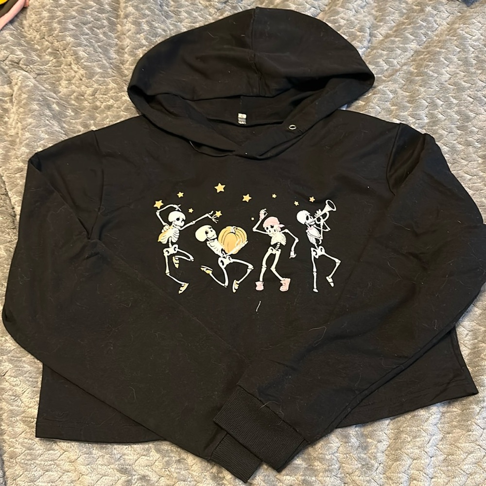 Black crop top hoodie with cute dancing skeletons